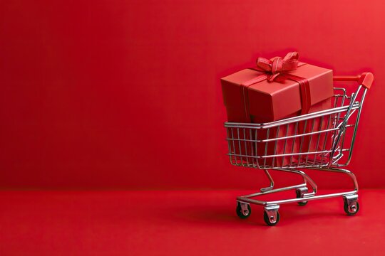 Red gift box with a ribbon in a miniature metal shopping cart on a red background