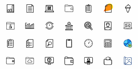 Illustration of various business and office icons including charts documents and devices in a grid layout
