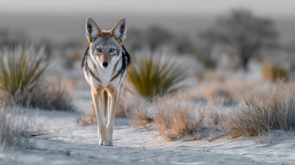 Coyote walking across desert landscape looking at camera