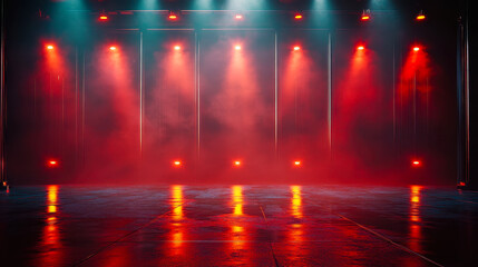 Empty Concert Stage with Dynamic Red and Teal Spotlights, Smoke, and Reflections, Ready for Live Music Performance, Show, or Presentation Background