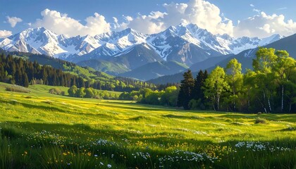 Fototapeta premium A vast, verdant meadow stretches before towering snow-capped mountains, bathed in sunlight and filled with vibrant wildflowers.