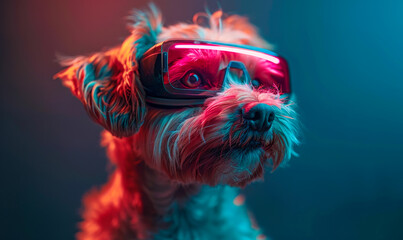 Futuristic Maltese Poodle Petfluencer Dog in VR Goggles with Pink Light Against Neon Blue Background, Sci-Fi, Technology-Themed Pet Photography