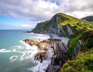 Coastal landscape with dramatic cliffs and beach