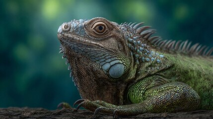 Green iguana resting on branch looking alert