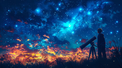 Brothers Stargazing Through Telescope Under Starry Night Sky, Digital Art Illustration, Outdoor Night Scene, Exploring Astronomy, Childhood Bond, Dreamy Nightscape