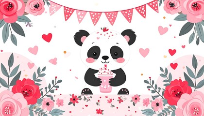 Cute panda with milkshake, floral Valentine's Day theme