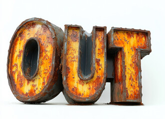 Rusted Metal Letters Forming the Word Out on White Background with Weathered Industrial Look