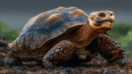 Obraz premium Galapagos tortoise walking on ground, showing ancient longevity