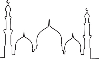 Minimalist line art illustration of a mosque depicting islamic architecture and culture in black and white