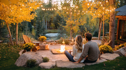 Cozy autumn evening by the fire pit with a couple enjoying the outdoors surrounded by colorful foliage and warm lights