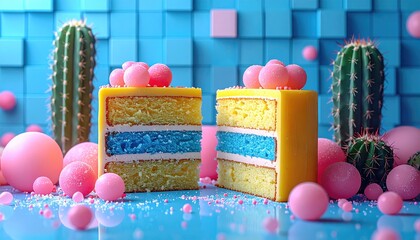 Vibrant Cake Slice with Cacti and Pink Balls on a Blue Background