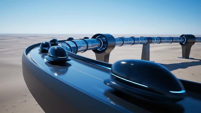 Futuristic High Speed Pod Transportation System in a Desert Landscape.