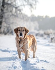 Golden Retriever in Snowy Landscape