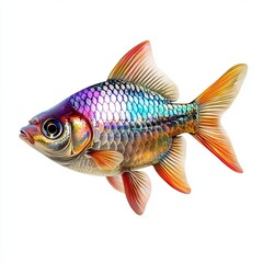 A rainbow fish with iridescent scales and elegant posture, diagonal angle, fish isolated on white background color, photorealistic accuracy, good composition, high resolution