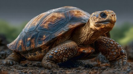 Fototapeta premium Galapagos tortoise walking slowly on volcanic ground