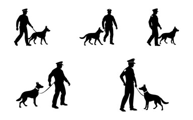 Five silhouettes of police officers in uniform walking with their dogs on a white isolated background