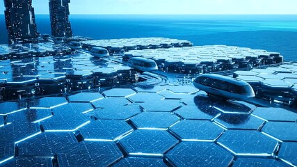 Futuristic Sci-Fi Cityscape with Glowing Hexagonal Platforms. - Powered by Adobe