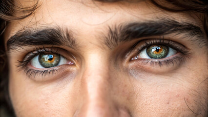 Obraz premium Intense closeup of a mans eyes, one green and one brown, revealing detailed iris patterns and a captivating gaze.