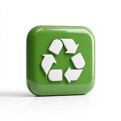 Glossy green square button featuring a raised, white recycling symbol; clean, minimalist design