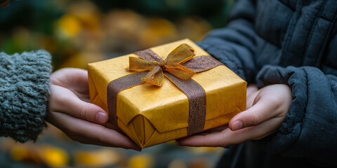 Close-up of a child's hands carefully holding a beautifully wrapped golden gift box with a brown ribbon, exchanging a present outdoors.
