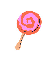 Round shape popsicle or hard candy with bubble gum flavor. Icon of circle lollipop, lolly or icecream on wooden stick. Frozen summer dessert. Flat isolated vector illustration on white background