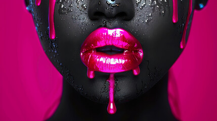 Pink Dripping Paint Heart on Black Skin, Lipgloss Drops, Bright Liquid Paint on Model's Lips, Valentine's Day Concept, Beauty Face Makeup Close Up