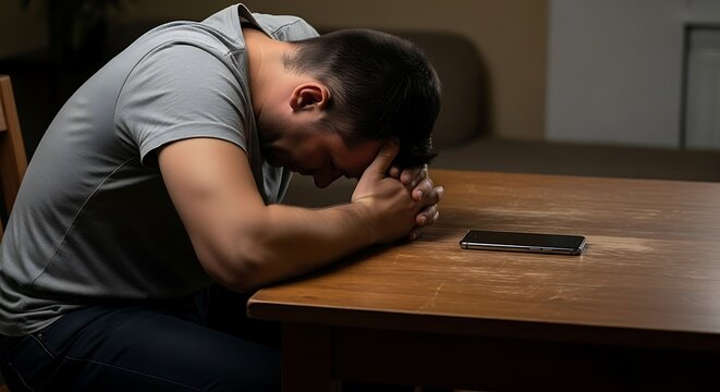 A distraught man sits alone at a wooden table, his head buried in his hands in despair, with a smartphone lying in front of him.