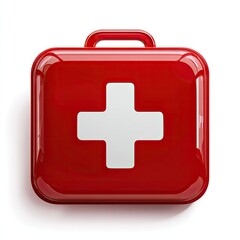 Obraz premium Red plastic first-aid kit with a prominent white cross, isolated on a white background; glossy finish