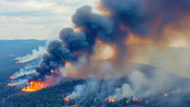 Aerial View of Forest Wildfire with Rising Smoke in Mountainous Landscape