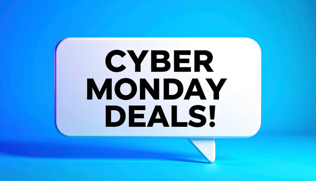 White rectangular speech bubble with CYBER MONDAY DEALS text, modern e-commerce mock-up.