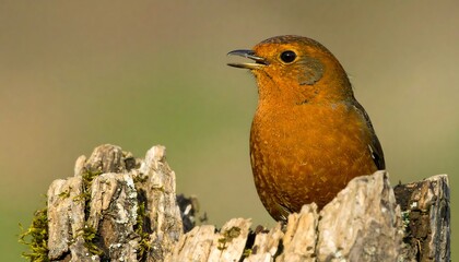 Close-up of a vibrant orange bird on a tree stump