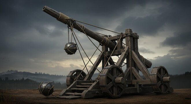 A detailed wooden catapult set against a dramatic sky, evoking historical warfare.