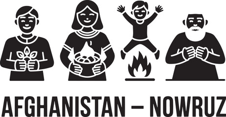 Afghanistan Nowruz New Year Celebration Silhouette Vector Illustration with People