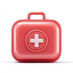 Obraz premium Shiny red plastic first-aid kit with a white cross emblem, isolated on white background; compact and portable design