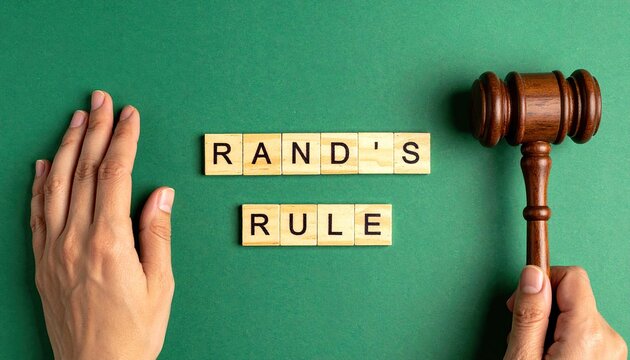 Rand's Rule Spelled with Wooden Tiles, Gavel, and Hands on Green Background
