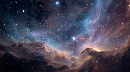 Fototapeta premium A celestial view featuring bright stars cosmic dust clouds and shimmering nebulae in shades of blue purple and gold