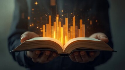 A person holding an open book with glowing data visualizations emerging, symbolizing knowledge and innovation - Powered by Adobe