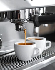 Espresso pouring into two white cups from a gleaming stainless steel coffee machine.