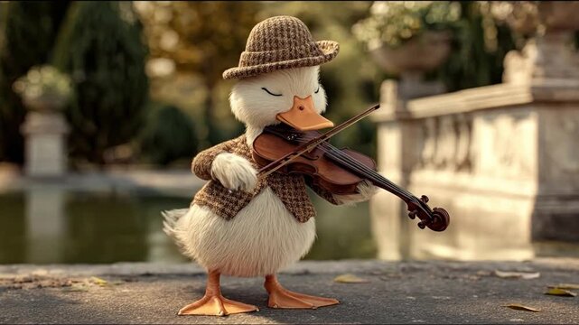Duck playing violin outdoors