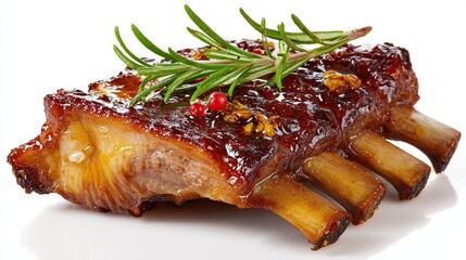 Glazed pork ribs, glistening with a rich, dark brown sauce, are presented on a white background, garnished with a sprig of fresh rosemary and pink 