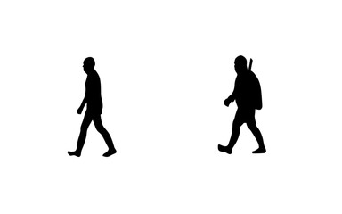 Two silhouettes of people walking in opposite directions on a plain white background in a simple design