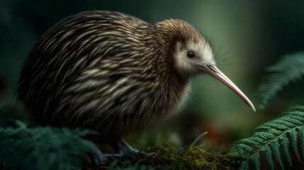 Kiwi bird foraging in new zealand forest environment