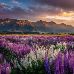 Fototapeta premium Panoramic view of a vibrant lupin field stretching to a mountain range at sunset