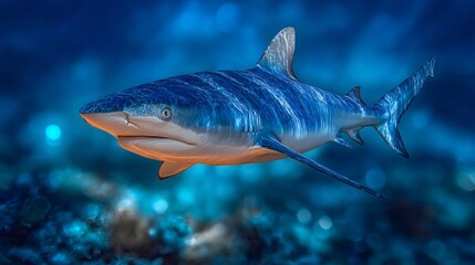 Shark swimming in blue ocean with coral reef