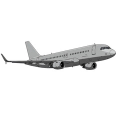 Obraz premium Illustration of a gray passenger airplane in flight on a white background.