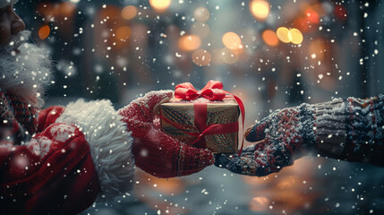 Santa Claus giving red Christmas gift box with ribbon in snowy festive atmosphere