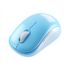 Sleek, light blue wireless computer mouse with a white scroll wheel and subtle, light-colored accents.  Smooth, glossy finish