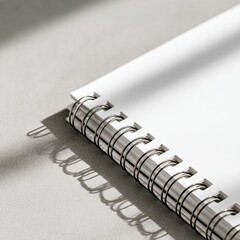 Close-up of a spiral-bound notebook's spine, showcasing its clean white pages and metallic binding against a light gray surface, with dramatic light and shadow
