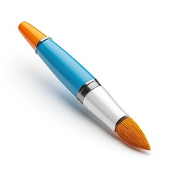 A vibrant blue and orange paintbrush with silver ferrule rests diagonally on a stark white background, showcasing its sleek design and soft bristles