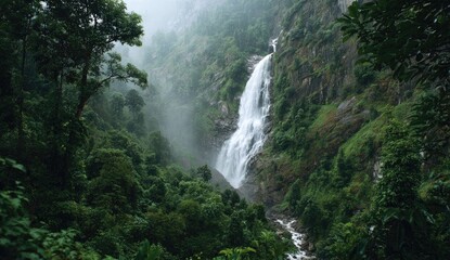 Fototapeta premium Lush mountain waterfall, misty valley